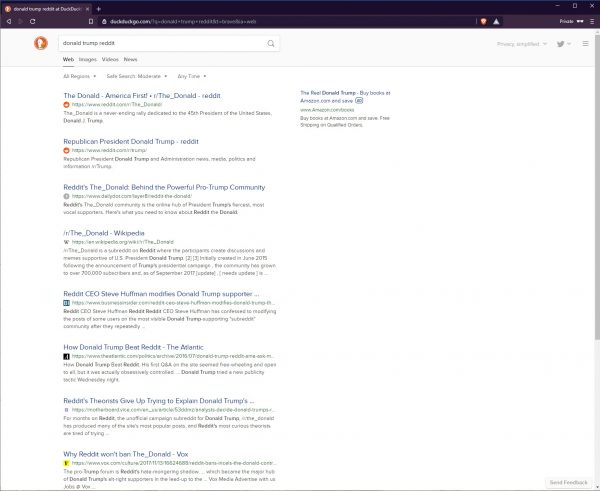 DuckDuckGo search results for the words "donald trump reddit"