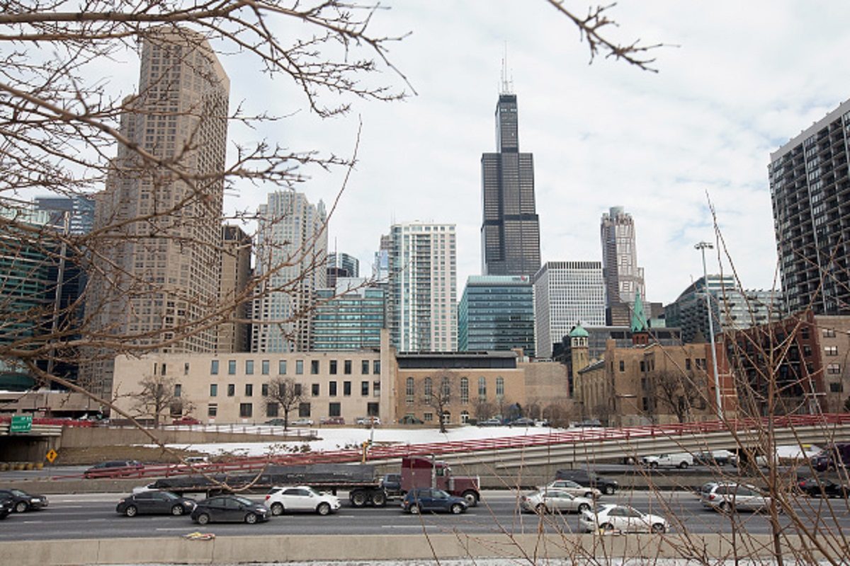 The Willis Tower, formerly known as the Sears Tower, dominates the southern end of the downtown skyline in Chicago,