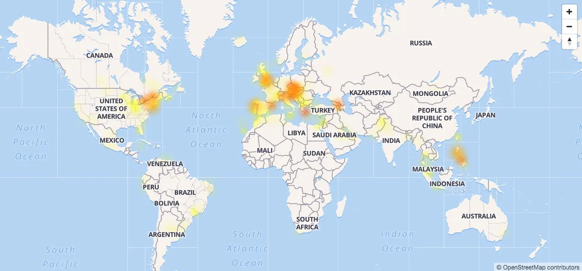Facebook outage map. (Downdetector.com / OpenStreetMaps)