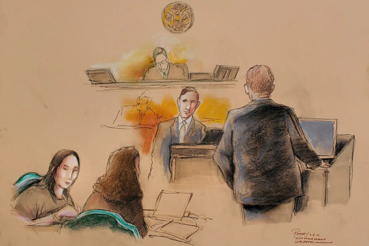 Yujing Zhang (L), charged with bluffing her way into President Donald Trump's Florida resort, appears with her defense attorney Robert Adler (R) before U.S. Magistrate Judge William Matthewman, at her hearing at the U.S. federal court in this courtroom sketch, in West Palm Beach, Florida, U.S. on April 8, 2019. (Daniel Pontet/Reuters)