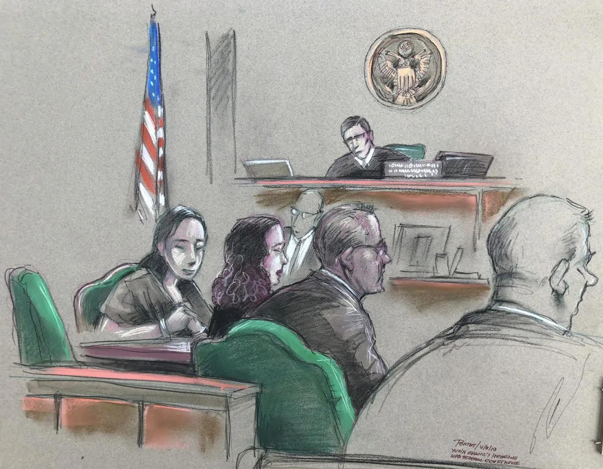 In this artist sketch, a Chinese woman, Yujing Zhang, left, listens to a hearing before federal Magistrate Judge William Matthewman in West Palm Beach, Fla. on April 15, 2019. Secret Service agents arrested the 32-year-old woman on March 30 after they say she gained admission by falsely telling a checkpoint she was a member and was going to swim. (Daniel Pontet/AP)