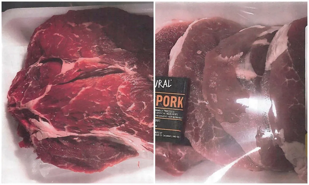 “U.S.D.A. Choice Beef Chuck Pot Roast Boneless” (L) and “Pork Sirloin Boneless Chop” (R) are two of seven beef and pork products listed in the U.S.D.A. recall on April 12, 2019. (USDA)