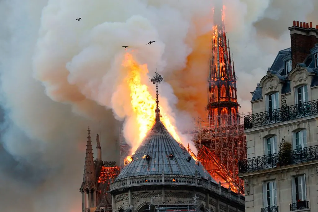 Smoke and flames rise during a fire at the landmark Notre Dame Cathedral in central Paris on April 15, 2019. (Francois Guillot/AFP/Getty Images)