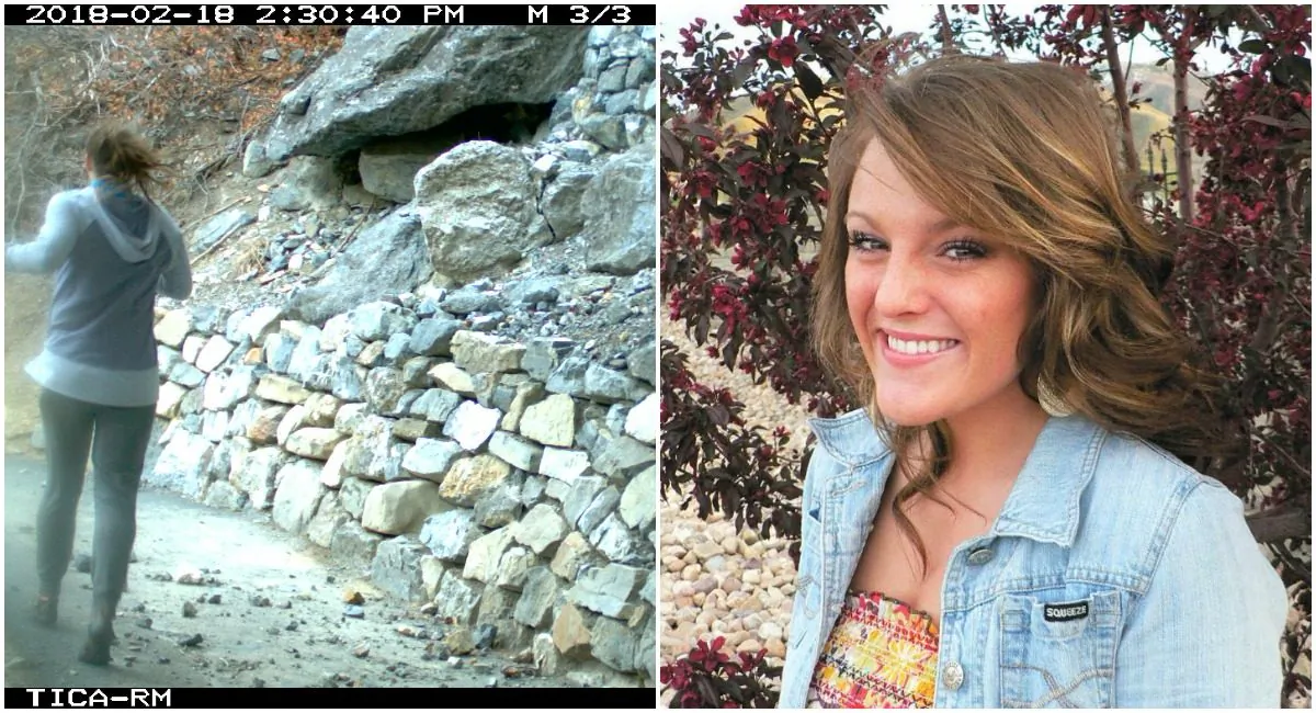 Jerika Binks pictured before her disappearance (R) and on a wildlife camera in American Canyon Park in what is the last known image of her, on Feb. 18, 2018. (Utah State Sheriff's Office)