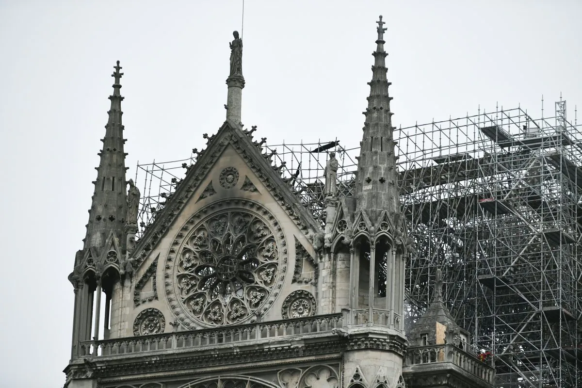Notre Dame Cathedral in Paris on April 16, 2019, in the aftermath of a fire that caused its spire to crash to the ground. (Stephanie de Sakutin/AFP/Getty Images)
