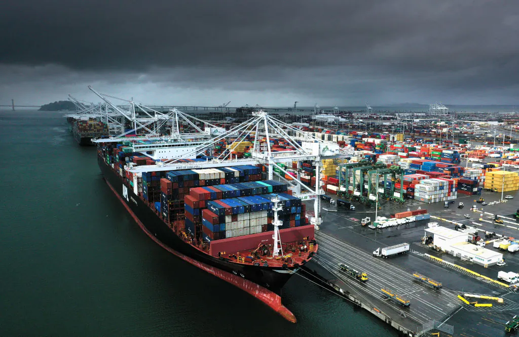 An aerial view of container ships docked at the Port of Oakland in Oakland, California, on March 06, 2019. (Justin Sullivan/Getty Images)