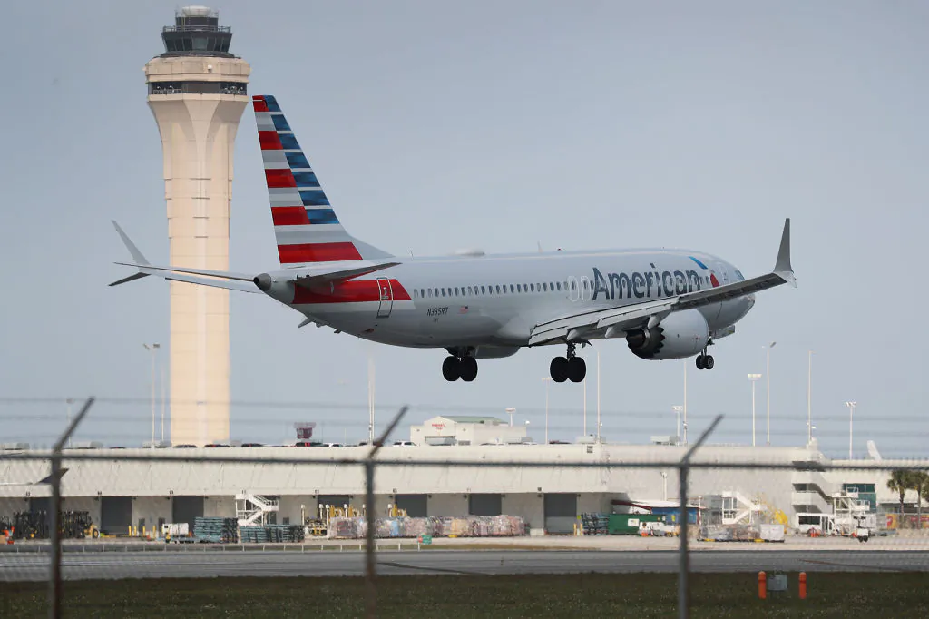 An American Airlines Boeing 737 Max 8 prepares to land at the Miami International Airport in Miami, Fla., on March 12, 2019. (Joe Raedle/Getty Images)