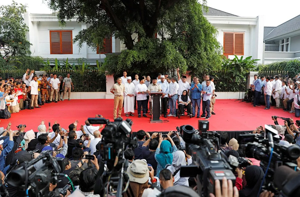 Indonesian presidential candidate Prabowo Subianto speaks to the media after polls closed in Jakarta, Indonesia on April 17, 2019. (Willy Kurniawan/Reuters)