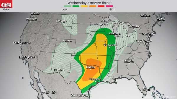 The storms, expected to organize Wednesday afternoon across the southern Plains