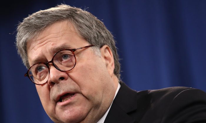 Attorney General William Barr speaks during a press conference on the release of the redacted version of the Mueller Report at the Department of Justice on April 18, 2019. (Win McNamee/Getty Images)