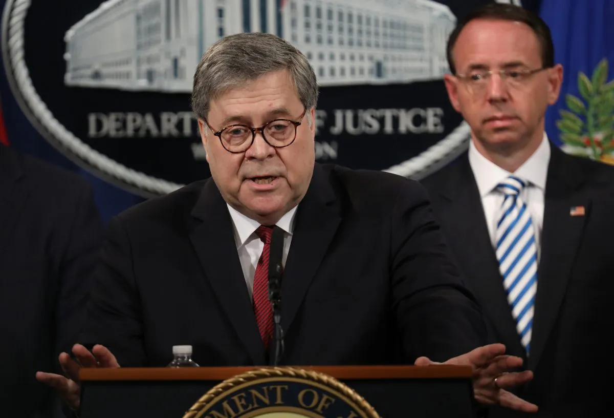 Attorney General William Barr speaks during a press conference on the release of the redacted version of the Mueller report at the Department of Justice  in Wash., on April 18, 2019. (Win McNamee/Getty Images)