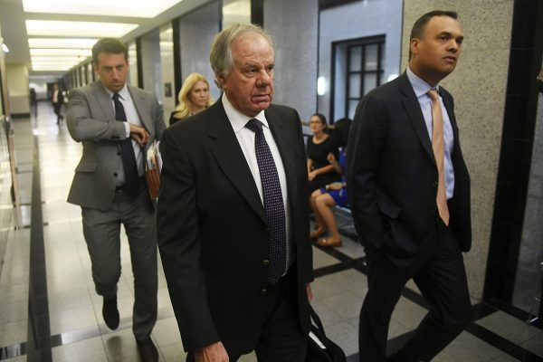 Attorneys Jack Goldberger, center, Alex Spiro, left, and William Burck, the defense team