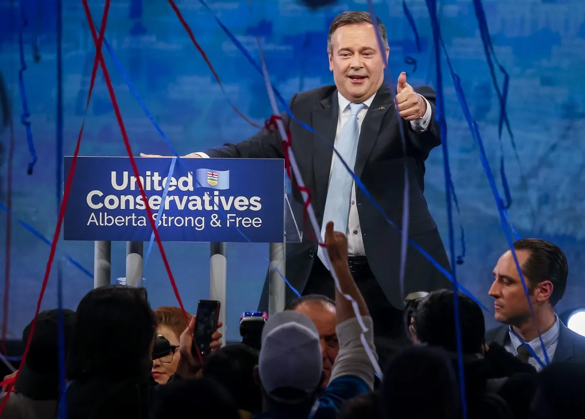 Alberta premier-designate Jason Kenney addresses supporters in Calgary on April 16, 2019, after his United Conservative Party won a majority government in the province’s elections.  (The Canadian Press/Jeff McIntosh)