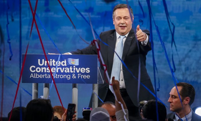 Alberta premier-designate Jason Kenney addresses supporters in Calgary on April 16, 2019, after his United Conservative Party won a majority government in the province’s elections.  (The Canadian Press/Jeff McIntosh)