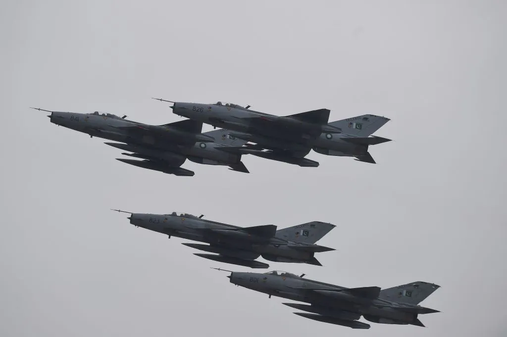 Pakistani fighter jets perform during the Pakistan Day parade in Islamabad on March 23, 2019. (Farooq Naeem/AFP/Getty Images)