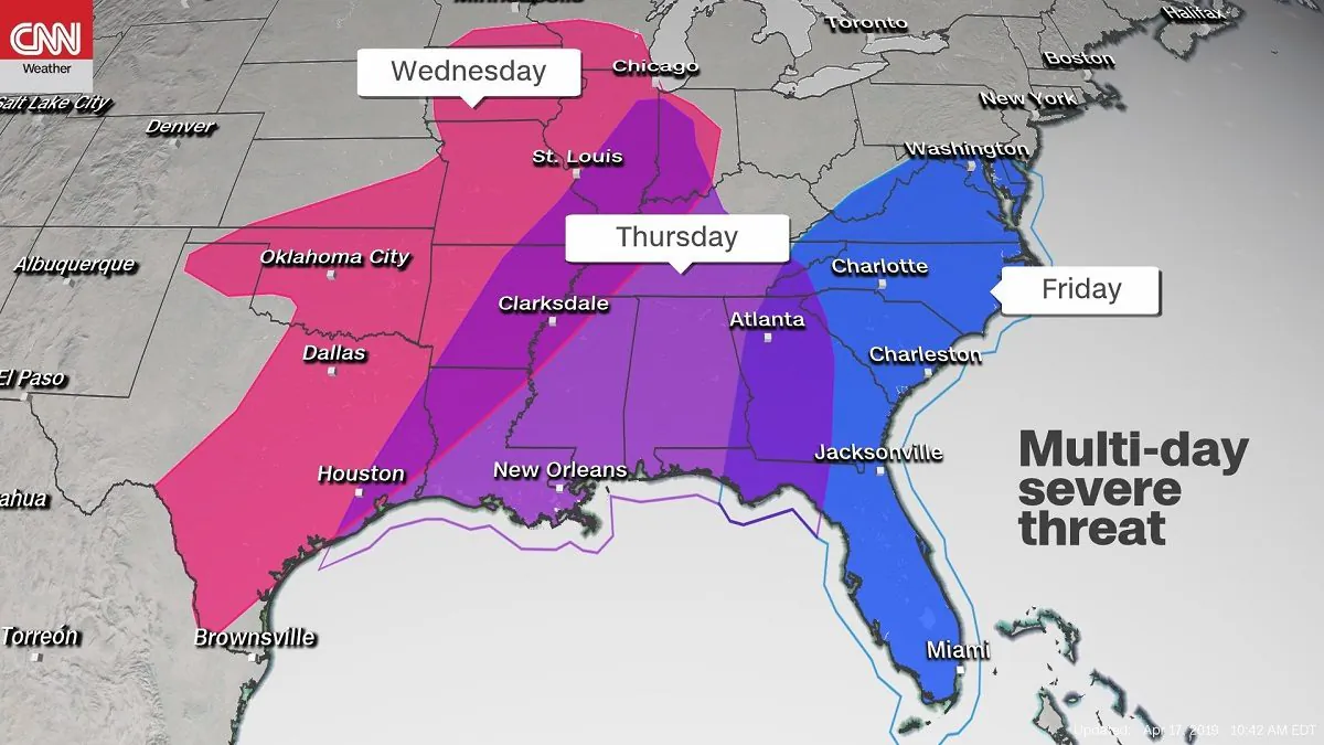 A storm system pushing its way from the Texas panhandle east to Louisiana Thursday, is expected to bring an increased threat of tornadoes, according to CNN meteorologist Michael Guy, on April 18, 2019. (CNN)