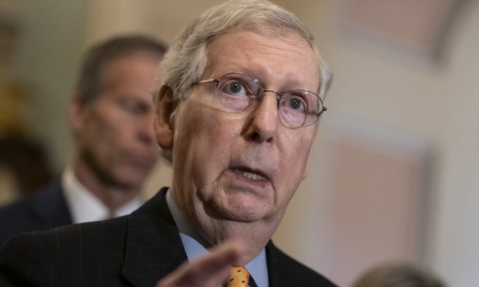 Senate Majority Leader Mitch McConnell (R-Ky.) speaks to reporters at the Capitol in Wash., on April 9, 2019. (J. Scott Applewhite/Photo via AP)