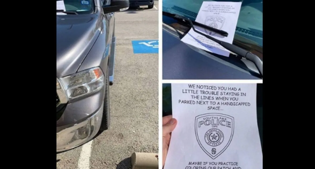 A Dodge Ram truck was over the line at a parking space located next to a handicap spot in Southlake, Texas. Police issued a flier (Southlake Police Department)