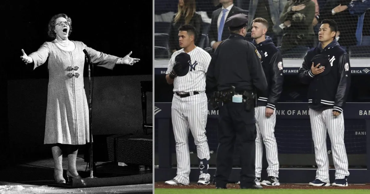 Late Singer Kate Smith performs 'God Bless America' in Philadelphia, on May 13, 1975 (AP File Photo) and New York Yankees players in New York, on April 18, 2019. (Julio Cortez/AP Photo)