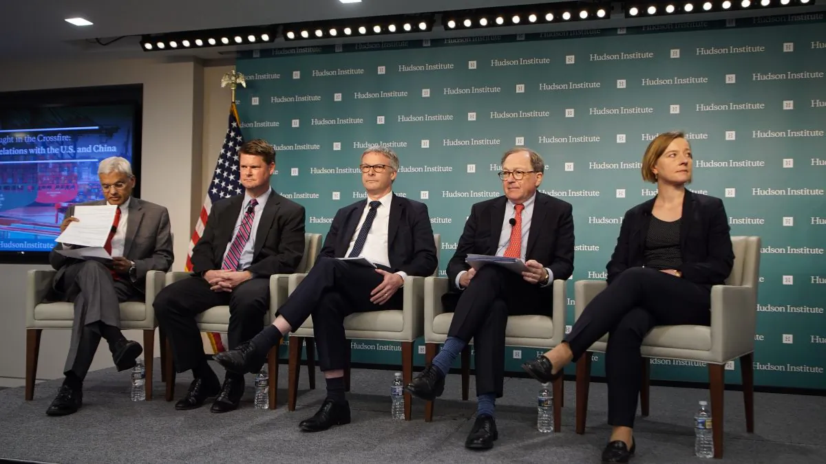 Caption: (L to R) 

Ashley Tellis, Senior Fellow and Tata Chair for Strategic Affairs, Carnegie Endowment for International Peace, Randall G. Schriver, Assistant Secretary of Defense for Indo-Pacific Security Affairs, U.S. Department of Defense, Jeppe Tranholm-Mikkelsen ,Secretary-General, European Council of Ministers, Thomas J. Duesterberg, Senior Fellow, Hudson Institute, Liselotte Odgaard, Senior Fellow, Hudson Institute, at "Caught in the Crossfire: Balancing EU relations with the U.S. and China" discussion at Hudson Institute in Washington on April 16, 2019. (Jennifer Zeng/The Epoch Times)