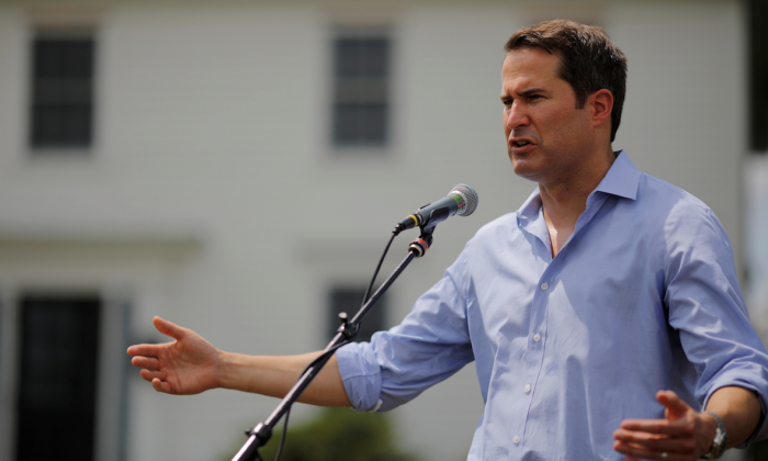 Rep. Seth Moulton (D-Mass.) speaks at a Merrimack County Democrats Summer Social at the Swett home in Bow, N.H., on July 28, 2018. (REUTERS/Brian Snyder/File Photo)