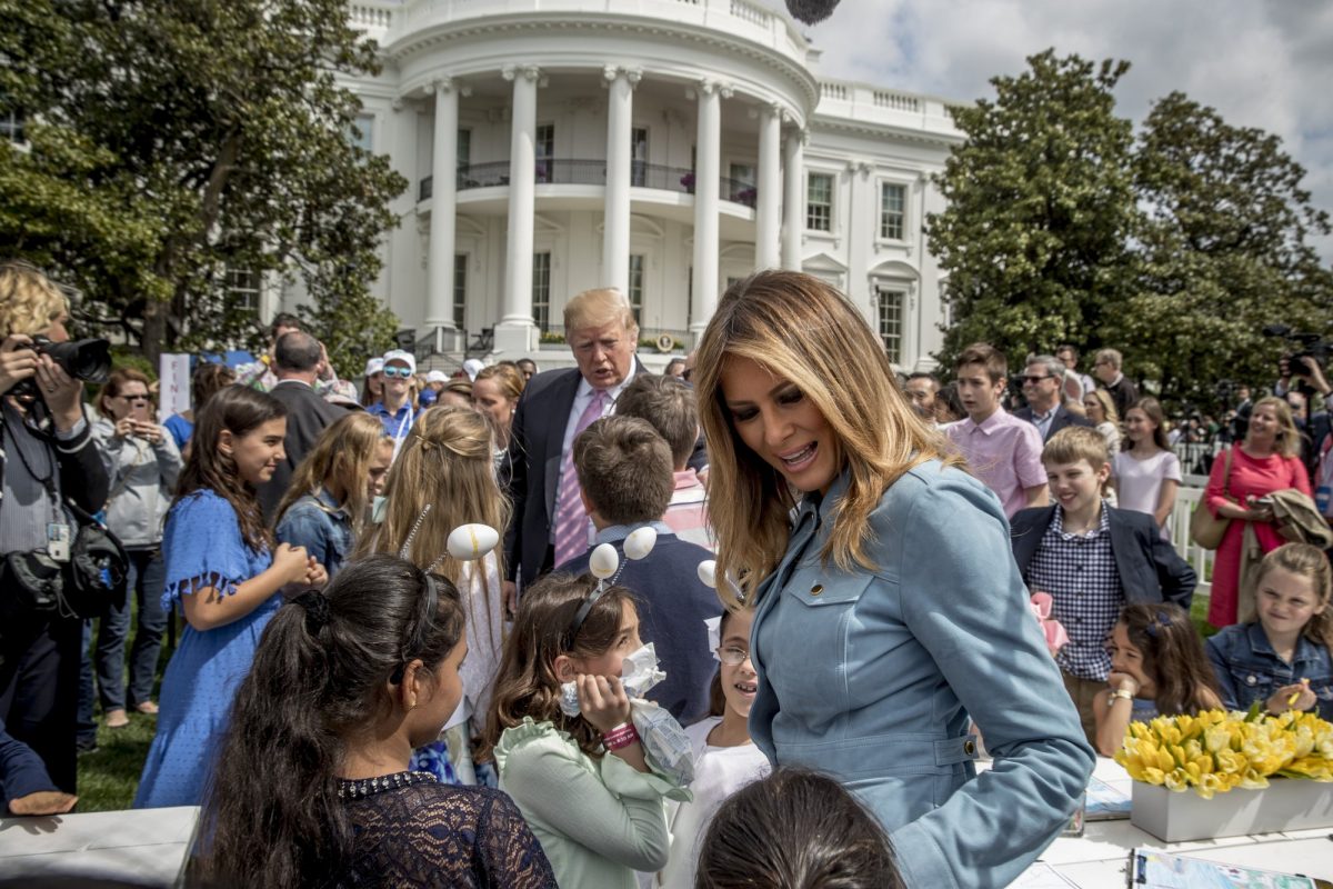 President Donald Trump and first lady Melania Trump greet children