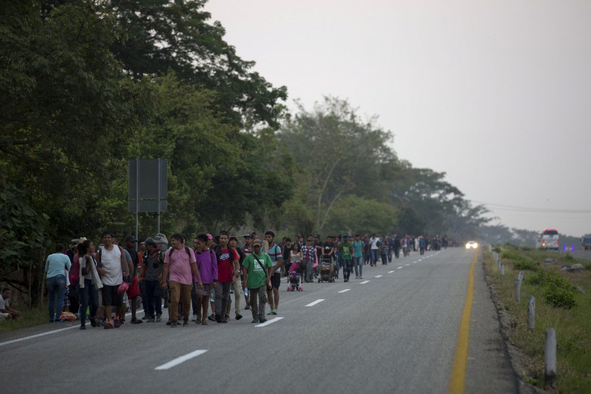Central American migrants traveling in a caravan