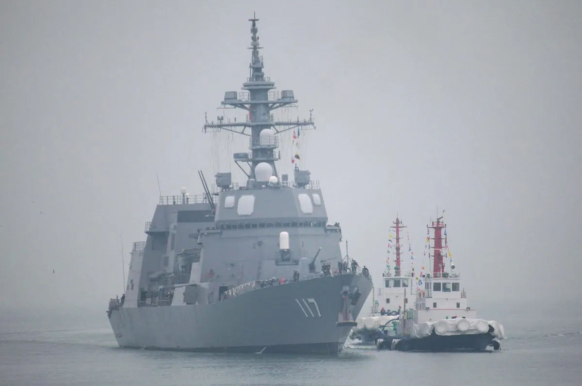 This photo taken on April 21, 2019 shows the Japanese Akizuki-class destroyer JS Suzutsuki (DD 117) arriving in Qingdao in China's eastern Shandong province to attend the 70th anniversary celebrations of the founding of the Chinese People's Liberation Army Navy. STR/AFP/Getty Images
