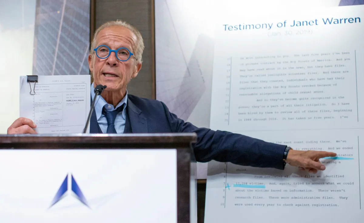 Victims' rights Attorney Jeff Anderson during a press conference in New York on April 23, 2019. (Eduardo Munoz Alvarez/AFP/Getty Images)