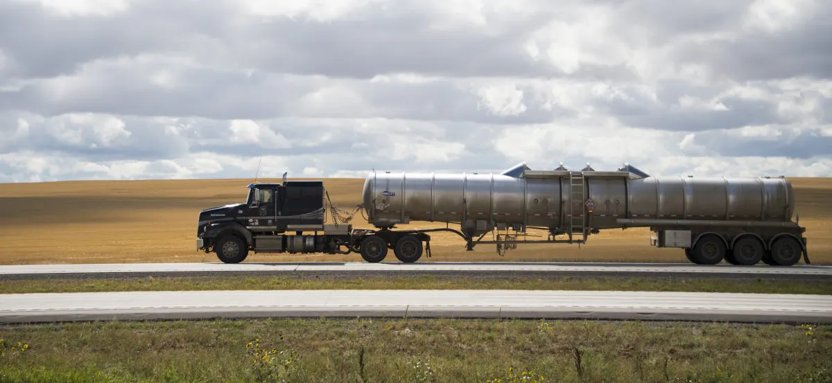 An oil tanker truck passes through farmland near Williston, North Dakota, in this file photo. (Robyn Beck/AFP/Getty Images)