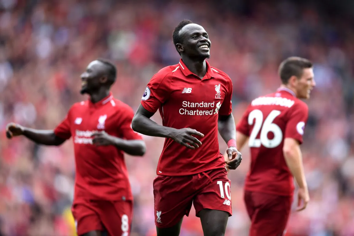 Sadio Mane of Liverpool celebrates after scoring his team's third goal during the Premier League match between Liverpool FC and West Ham United at Anfield on Aug. 12, 2018 in Liverpool, United Kingdom.  (Laurence Griffiths/Getty Images)