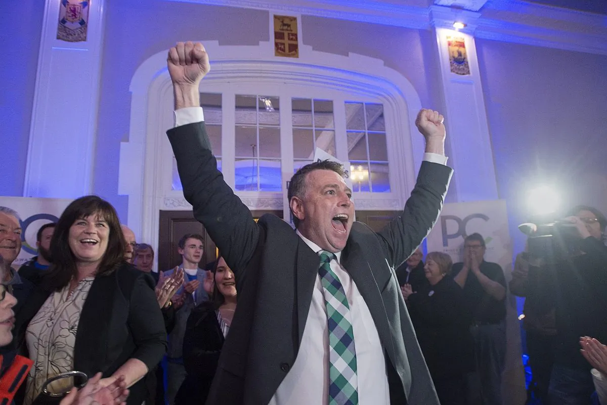 Progressive Conservative leader Dennis King, accompanied by his wife Jana Hemphill, arrives to greet supporters after winning the Prince Edward Island provincial election in Charlottetown on April 23, 2019. (Andrew Vaughan/The Canadian Press)