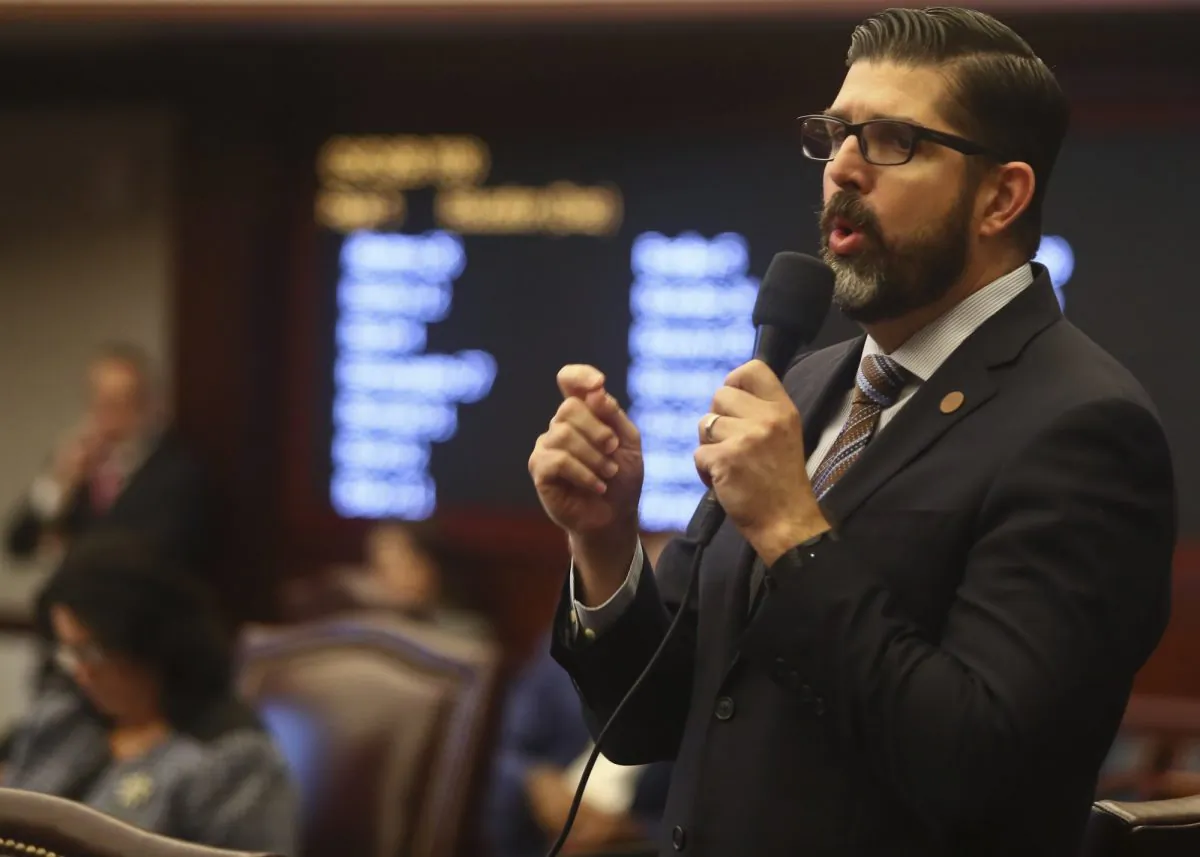 Florida state Sen. Manny Diaz discusses his Senate Bill 7030 dealing with the Marjory Stoneman Douglas High School Public Safety Commission in the Senate in Tallahassee on April 23, 2019. (Phil Sears/AP Photo)