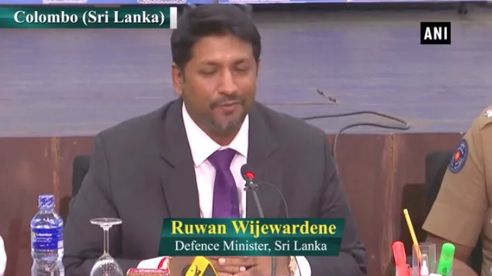 Sri Lanka’s Minister of Defense Ruwan Wijewardene addresses the media on April 24, 2019. (ANI/Reuters TV)