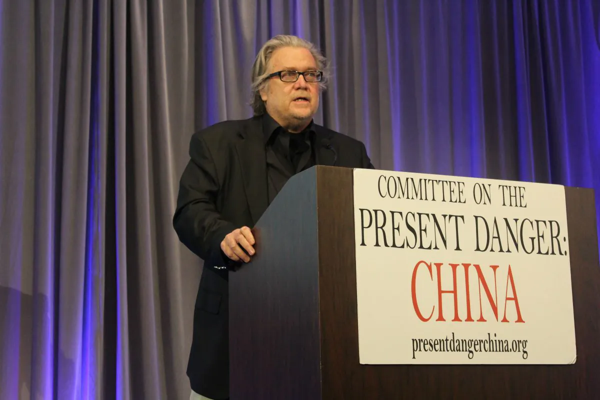 Steve Bannon, former White House strategist, at a conference hosted by the Committee of Present Danger: China about the Chinese Communist Party’s unrestricted economic warfare against America in Manhattan, New York, on April 25, 2019. (Cathy He/The Epoch Times)