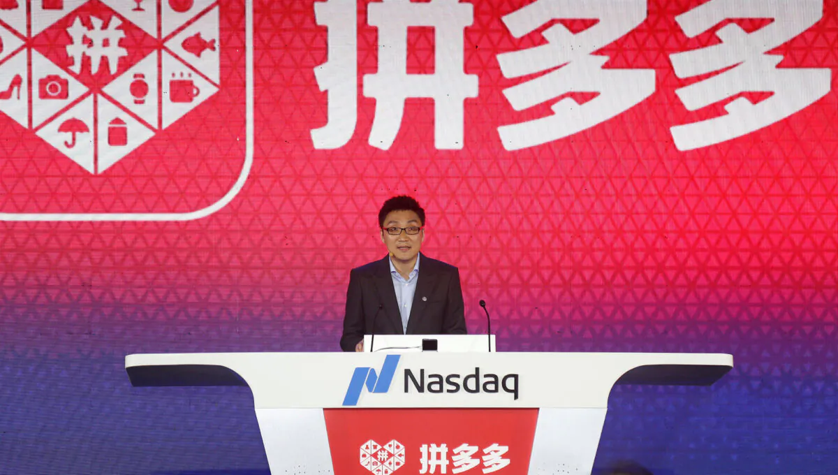 Colin Huang, founder and CEO of the online group discounter Pinduoduo, speaks during the company's stock trading debut at the Nasdaq Stock Market in New York, during an event in Shanghai, China on July 26, 2018. (Yin Liqin/CNS via Reuters)