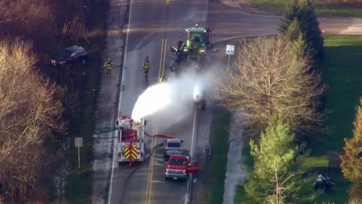 A leak in a tractor-trailer carrying anhydrous ammonia caused a chemical spill in Beach Park, Illinois, on April 25, 2019. (WGN via CNN)