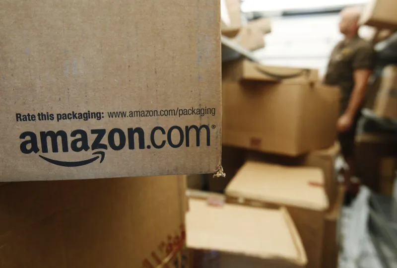 An Amazon.com package awaits delivery from UPS in Palo Alto, Calif. Amazon in a file photo. (Paul Sakuma/AP Photo)