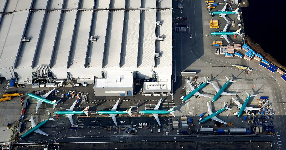 An aerial photo shows Boeing 737 MAX airplanes parked on the tarmac at the Boeing Factory in Renton, Wash., on March 21, 2019. (Lindsey Wasson/Reuters)