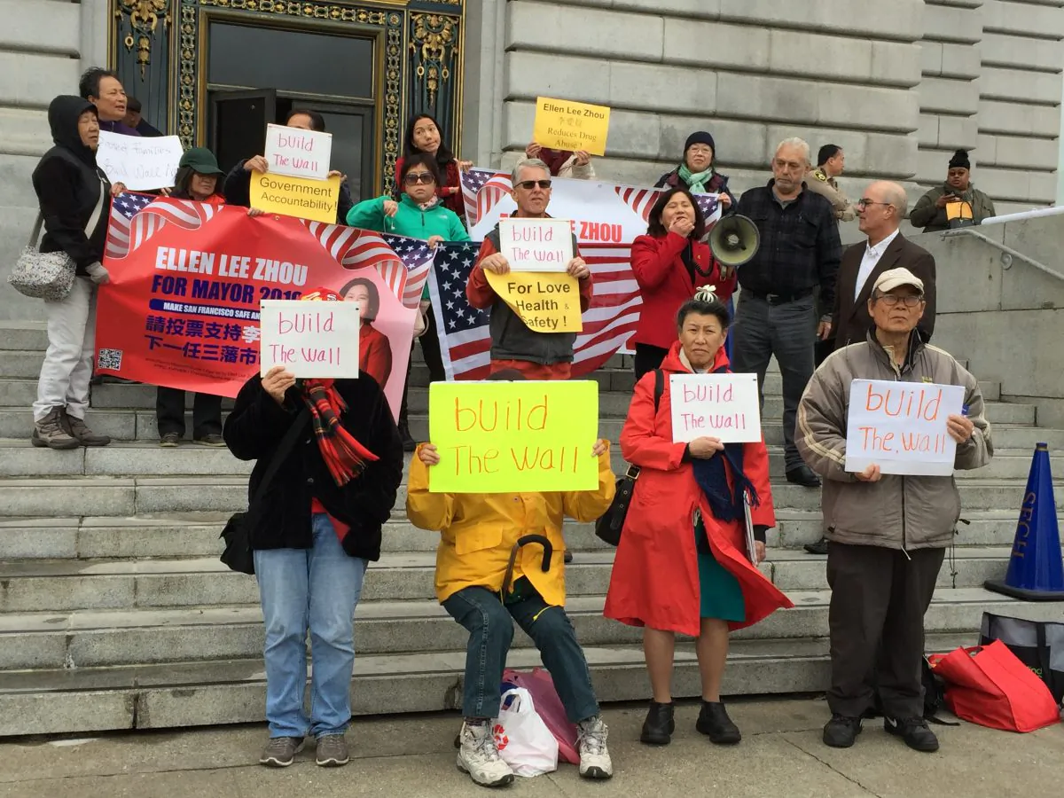 Ellen Zhou and her supporters on the steps in front of San Francisco City Hall on Feb. 25, 2019. (The Epoch Times)