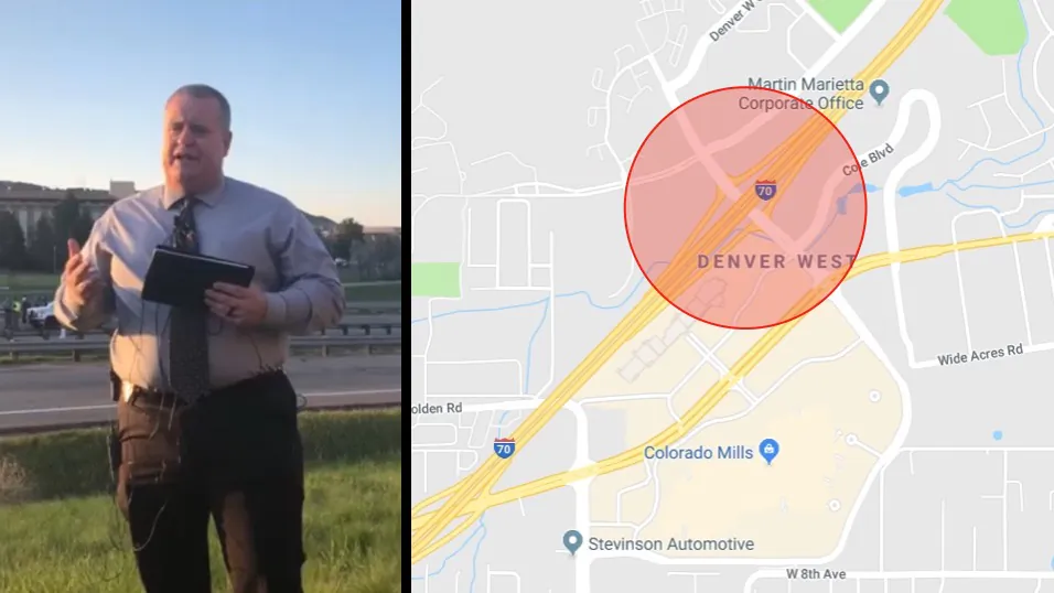 Lakewood Police Department spokesman Ty Countryman briefs reporters about the deadly crash on the I-70 under Denver West Parkway bridge on April 25, 2019. (Lakewood Police Department / Google Maps)
