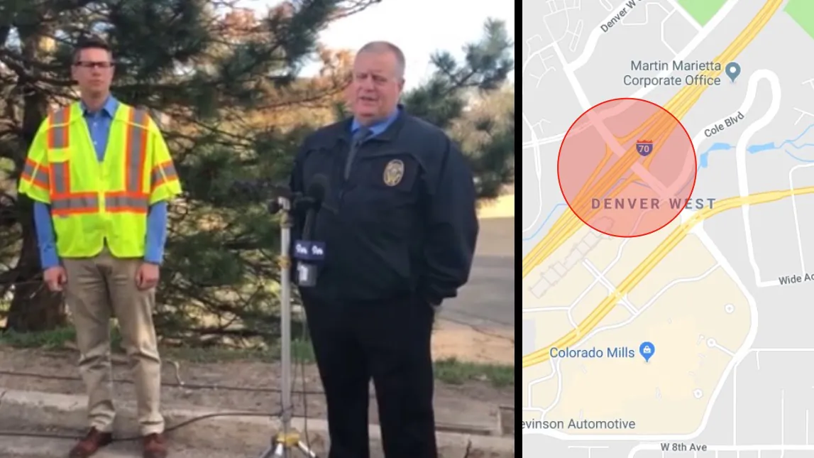 Lakewood Police Department spokesman Ty Countryman briefs reporters about the deadly crash on the I-70 that took place under the Denver West Parkway bridge on April 25, 2019. (Lakewood Police Department / Google Maps)