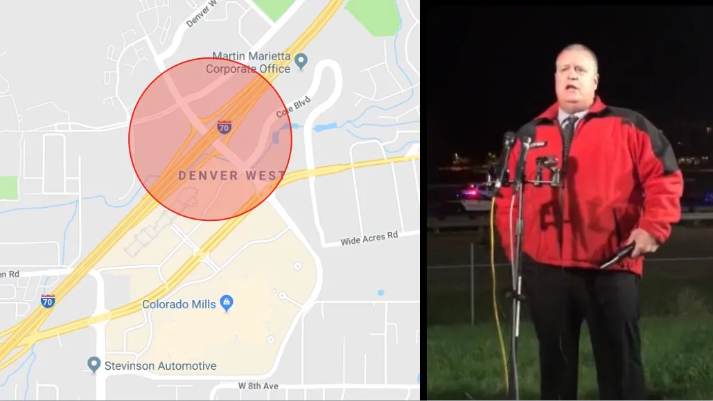 Lakewood Police Department spokesman Ty Countryman briefs reporters about the deadly crash on the I-70 under Denver West Parkway bridge on April 25, 2019. (Lakewood Police Department / Google Maps)