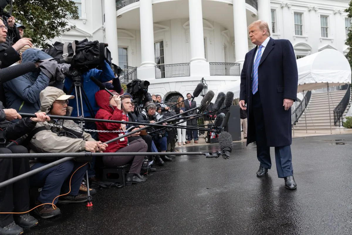 President Donald J. Trump speaks with reporters outside the South Portico entrance of the White House on April 5, 2019. (Joyce N. Boghosian)