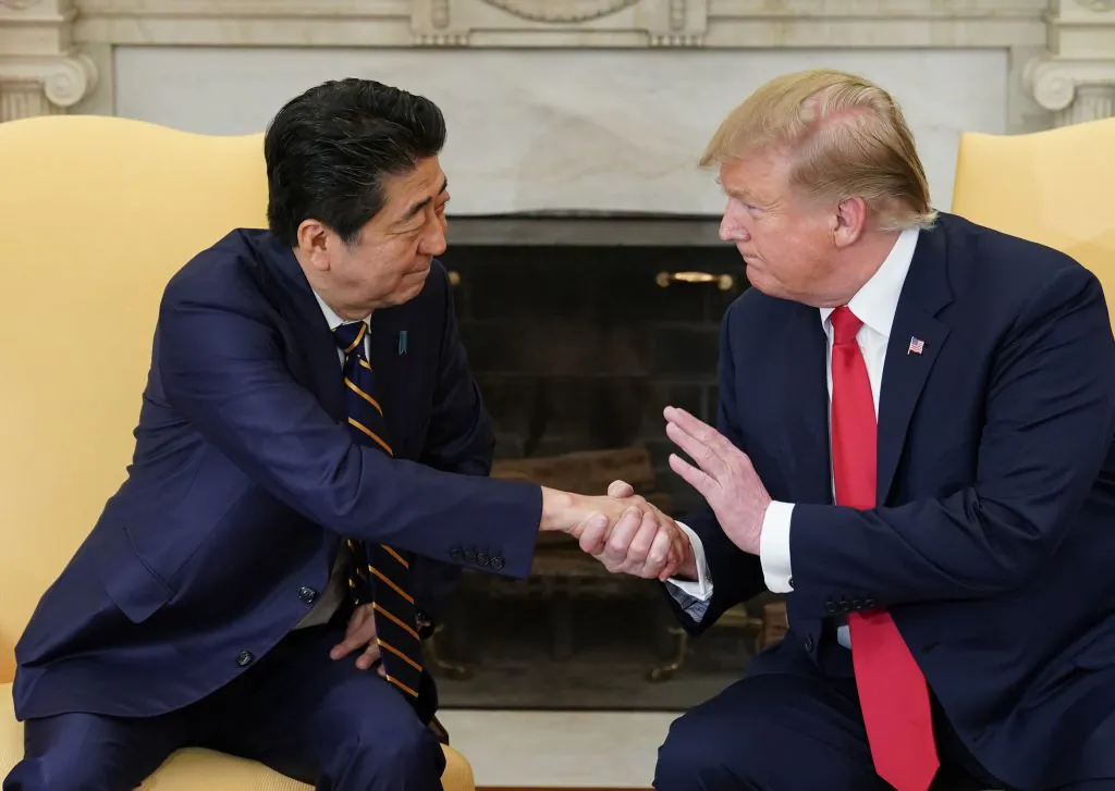 US President Donald Trump takes part in a bilateral meeting with Japan's Prime Minister Shinzo Abe in the Oval Office of the White House in Washington, on April 26, 2019. (MANDEL NGAN/AFP/Getty Images)