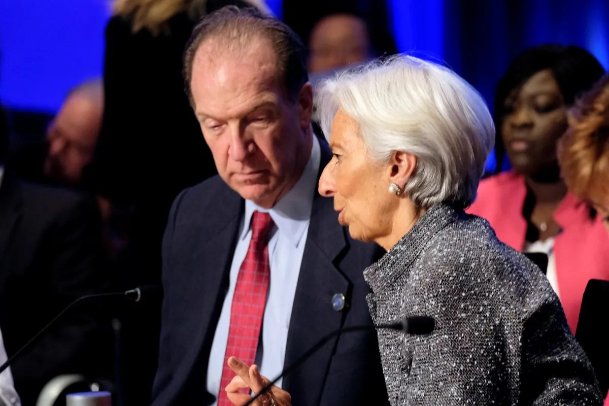 World Bank Group President David Malpass and IMF Managing Director Christine Lagarde at the IMF and World Bank's 2019 Annual Spring Meetings, in Washington, D.C. on April 13, 2019. (James Lawler Duggan/Reuters)
