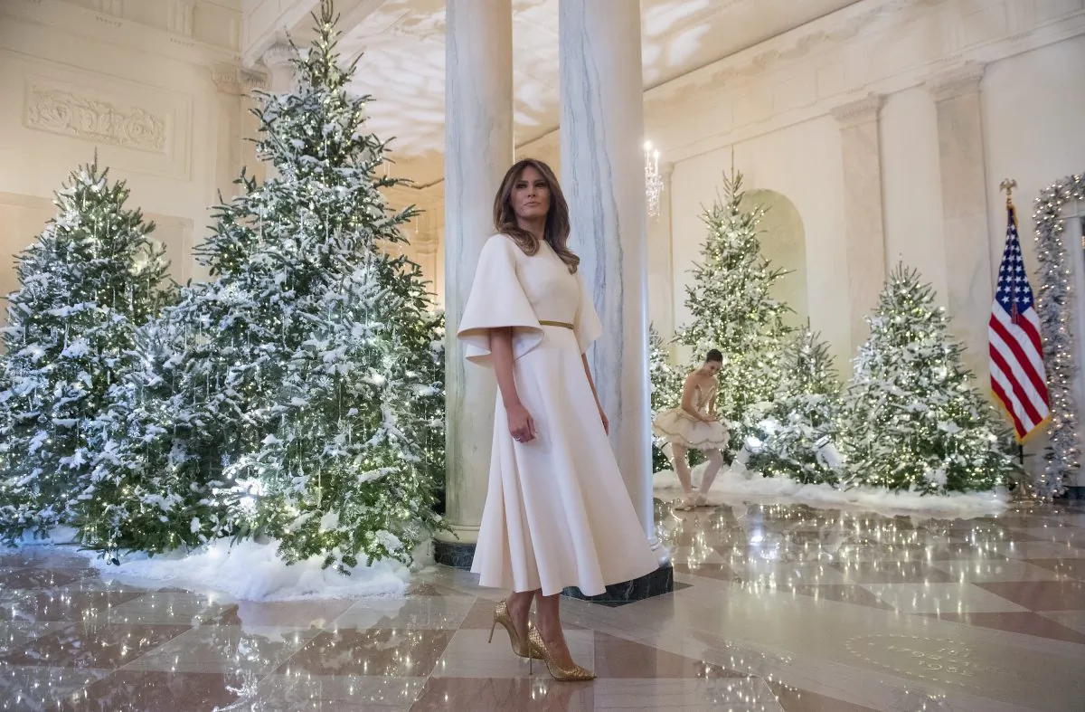 First Lady Melania Trump stands in the grand foyer at the White House in Washington on Nov. 27, 2017. (Saul Loeb/AFP/Getty Images)