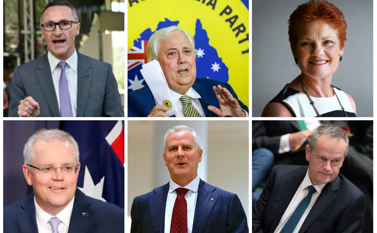 Top left to right: Leader of the Australian Greens Richard Di Natale, leader of the United Australia Party Clive Palmer, leader of One Nation Pauline Hanson, and bottom left to right: Prime Minister and leader of the Liberal Party Scott Morrison, leader of the National Party of Australia Michael McCormack, leader of the Australian Labor Party Bill Shorten. (Getty Images/AAP/Reuters)