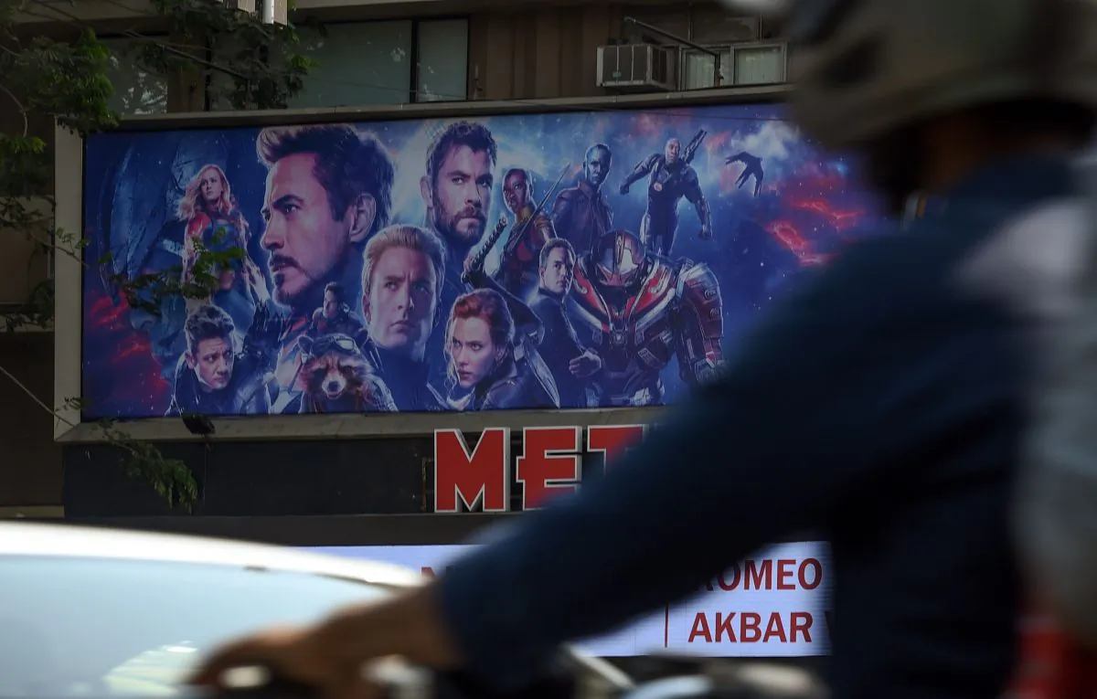 Vehicles go past a movie theater displaying a poster of the latest Avengers movie, in Mumbai, India, on April 25, 2019. (Indranil Mukherjee/AFP/Getty Images)