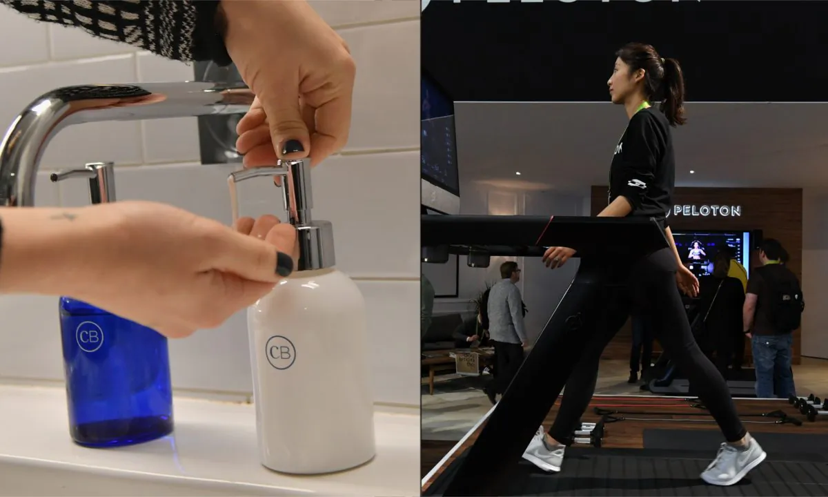 (L) A woman using hand soap. (Mike Coppola/Getty Images)/(R) A woman on a treadmill. (Ethan Miller/Getty Images)